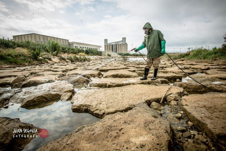 Fotografia industrial operario realizando mantenimiento en el rio francoli de Tarragona para empresa SAHICASA dedicada a control de plagas
