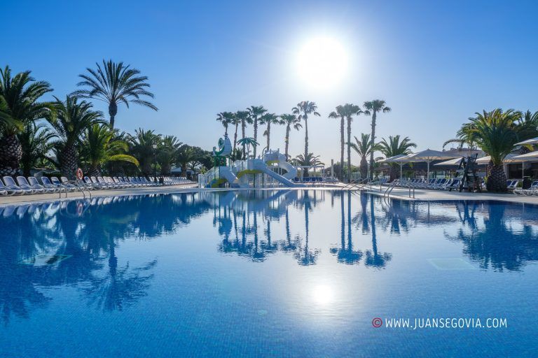 Piscina y palmeras en el camping Vendrell Platja