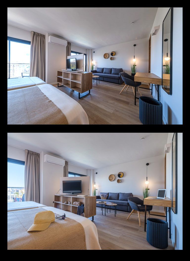 Fotografia de habitacion de Hotel con y sin estilismo