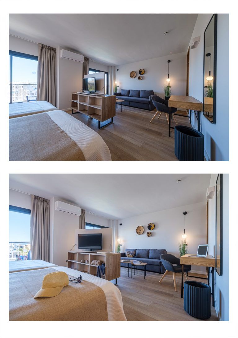 Fotografia de habitacion de hotel con y sin estilismo