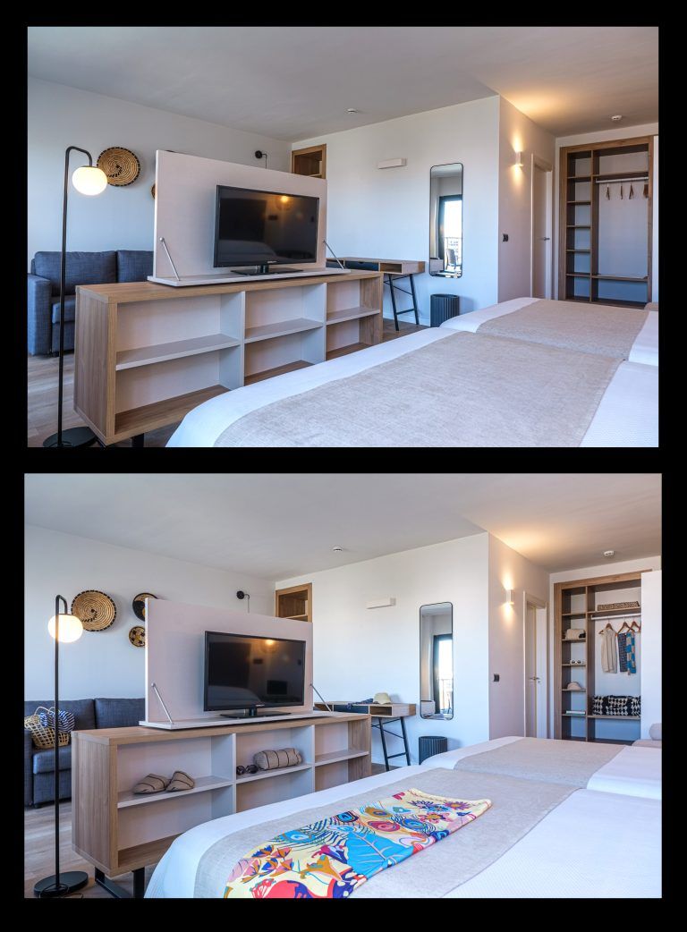 Fotografia de Juan Segovia de habitación de Hotel con y sin estilismo