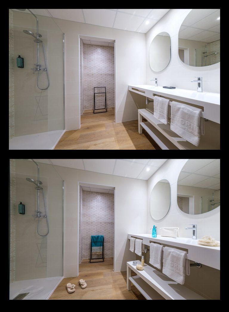 Fotografia de baño de Hotel con y sin estilismo